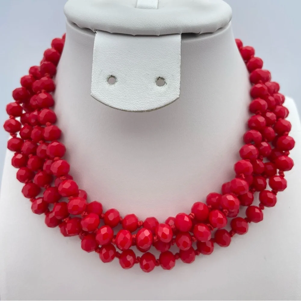 Red Faceted Glass Bead Necklace 29” Hand Knotted Boho Statement